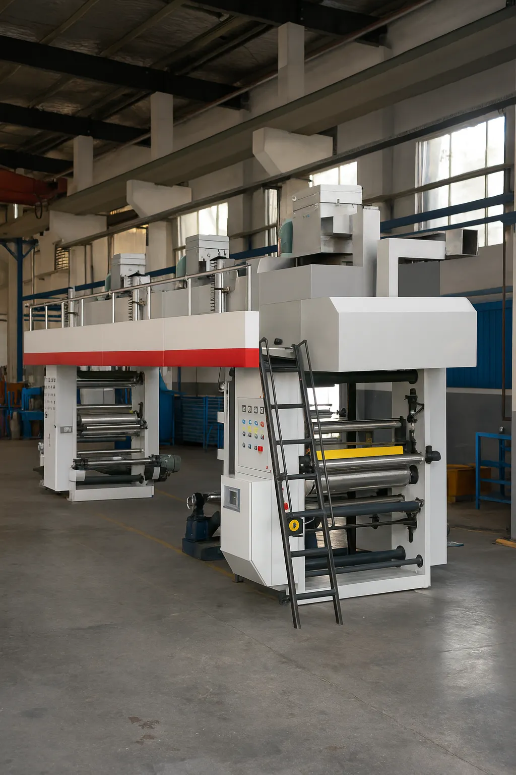 lamination-machine-factory دستگاه لمینت حلالی صنعتی در محیط کارخانه | مخصوص لمینت رولهای بستهبندی